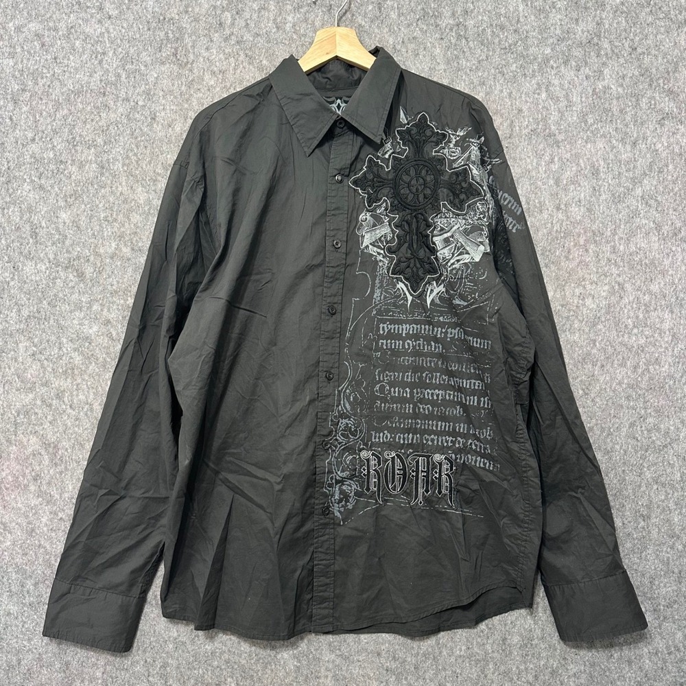 Roar Mens Sz 2XL Black Button Up Shirt Legends Never Die Cross Graphic